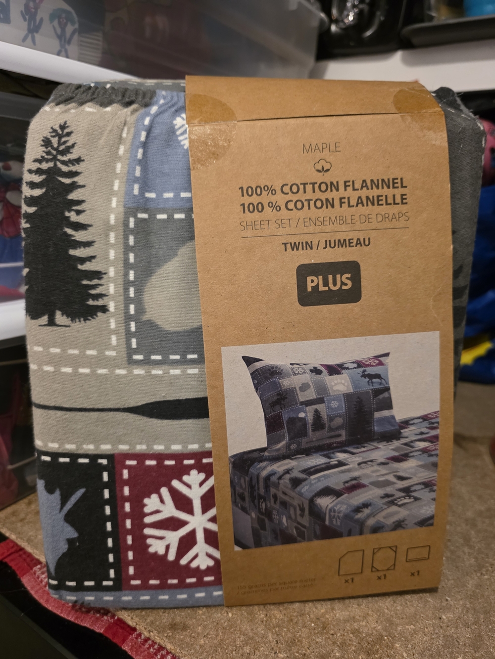 Plus Twin Flannel Sheet Set - Gray, Blue, Red Woodland Print